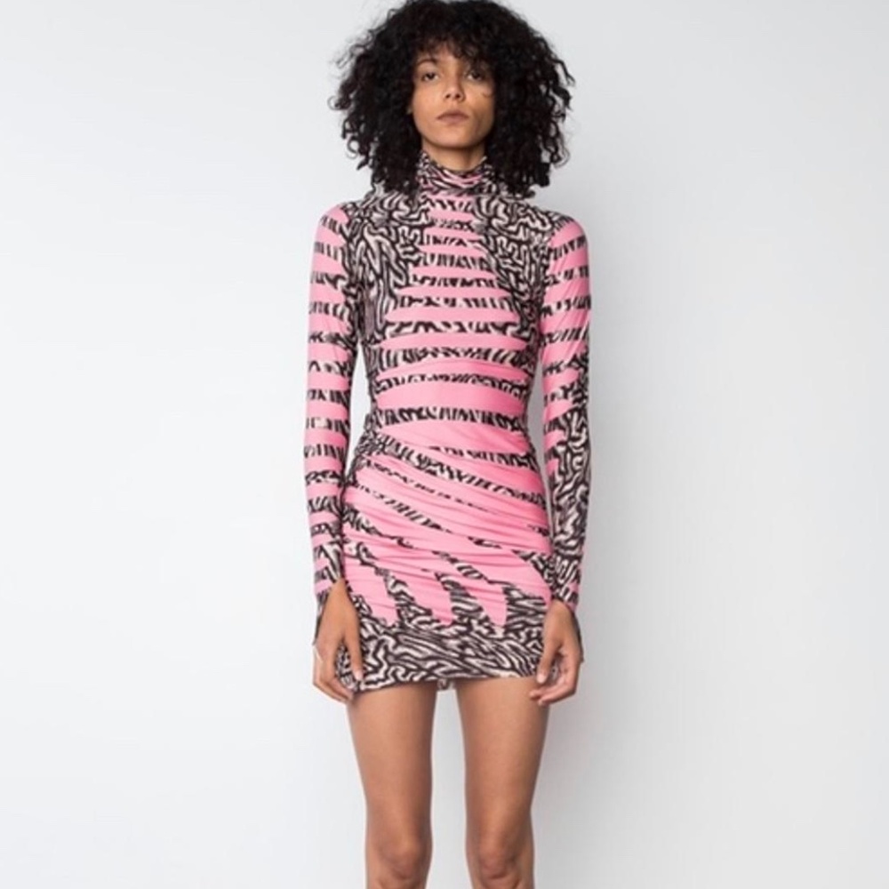 Maisie Wilen Ruched Printed Stretch-Jersey Turtleneck Mini Dress — Pink, Size XS